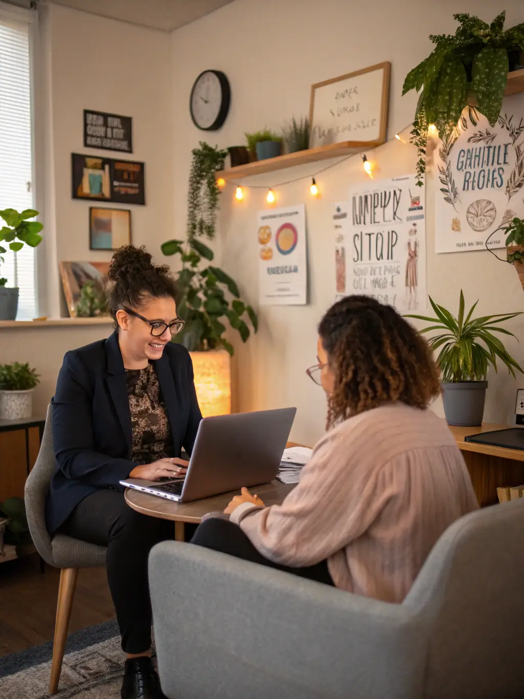 A career coach guiding a client through a career roadmap, highlighting key milestones and strategies for professional advancement and achieving career goals.
