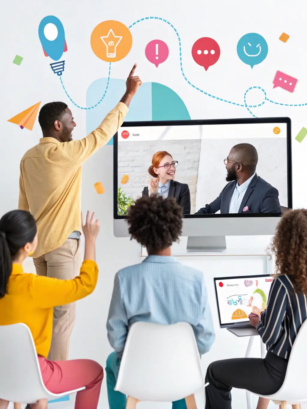 A professional executive coach in a sharp suit, confidently leading a workshop session with a diverse group of business professionals, emphasizing leadership development strategies.