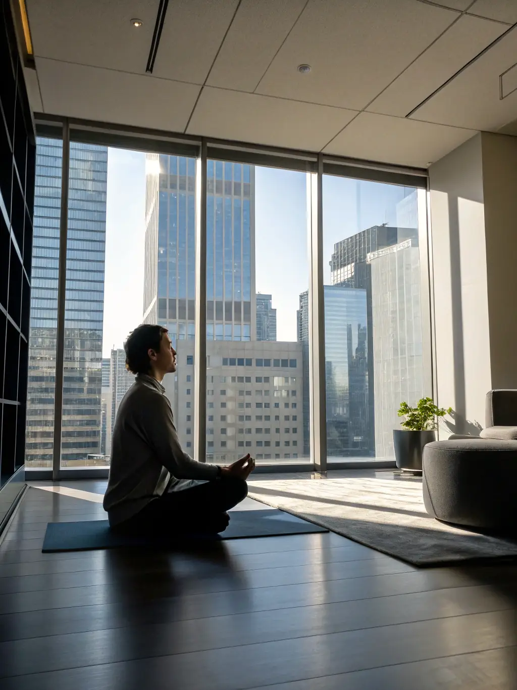 A person meditating in a serene office environment, focusing on mindset training techniques to improve mental resilience and foster a positive outlook.